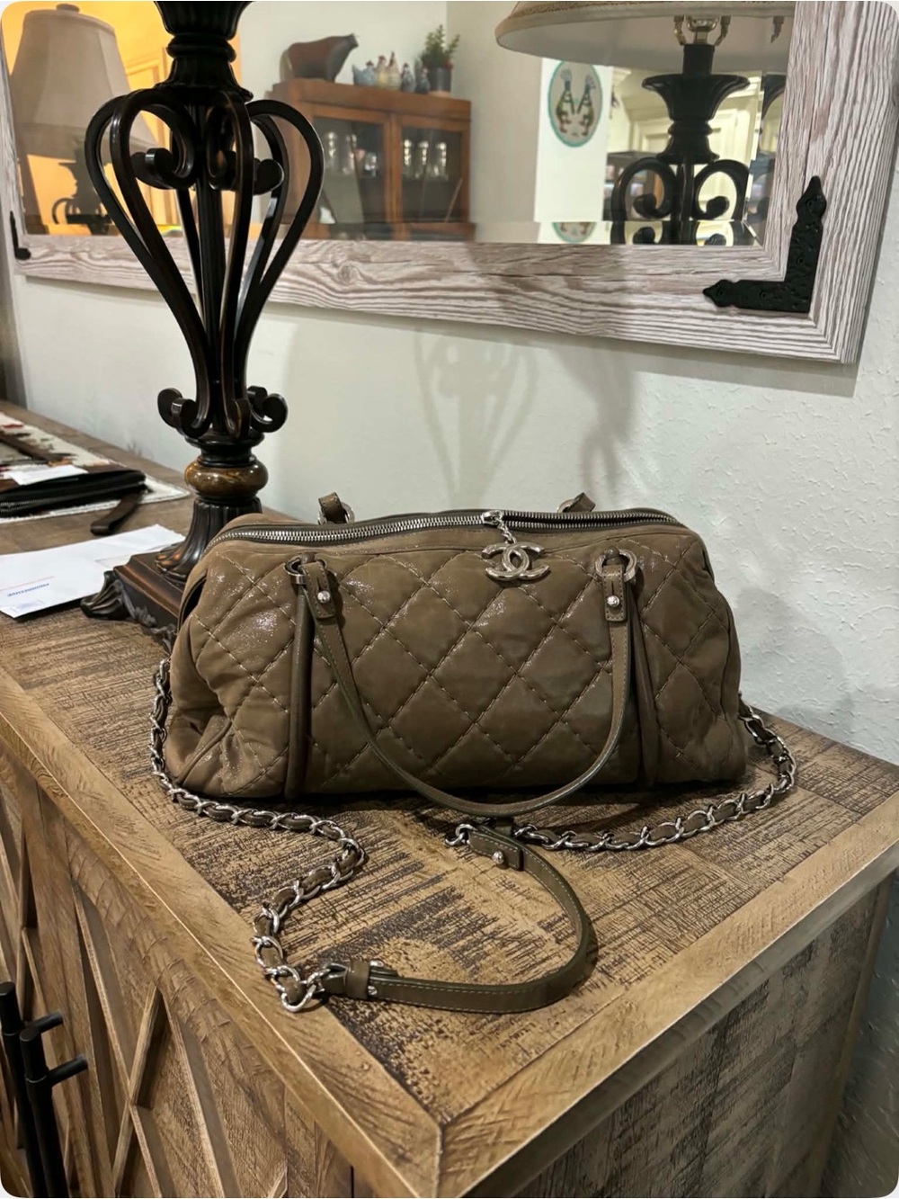 CHANEL Quilted Shoulder Bag in Taupe Brown with Chain Strap